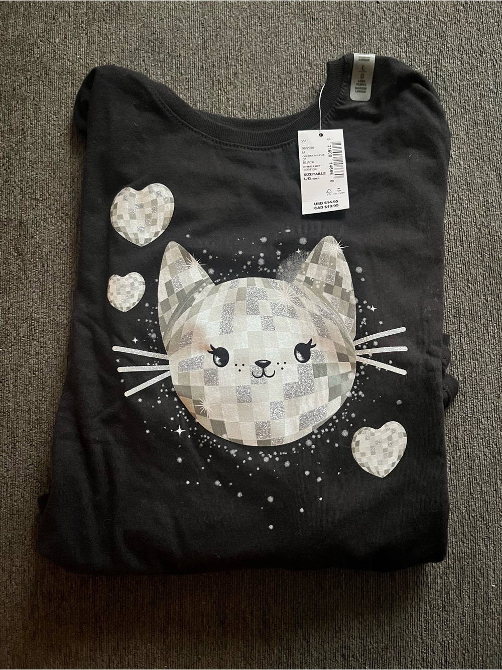 The Children's Place Black Tee with Silver Disco Cat Graphic